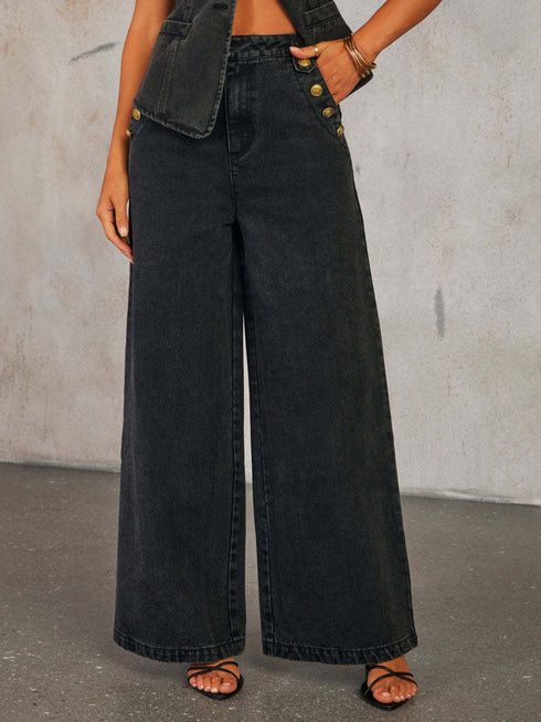 'Rylee' Vest and Wide Leg Jeans Denim Set - Celes Fashion